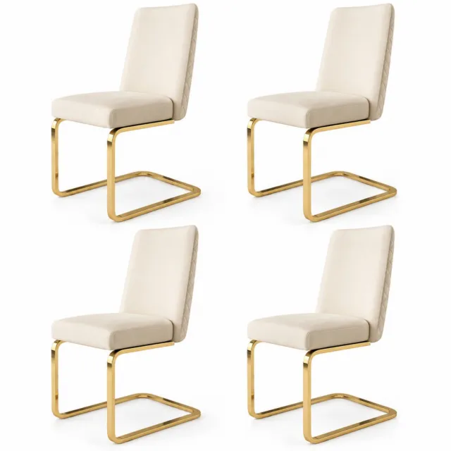 City long dragon LONG DRAGON - Velvet eetkamerstoelen - Set van 4 - Ruitpatroon op rugleuning - Goudkleurige metalen poten - Voor woonkamer en slaapkamer - Beige / Goud