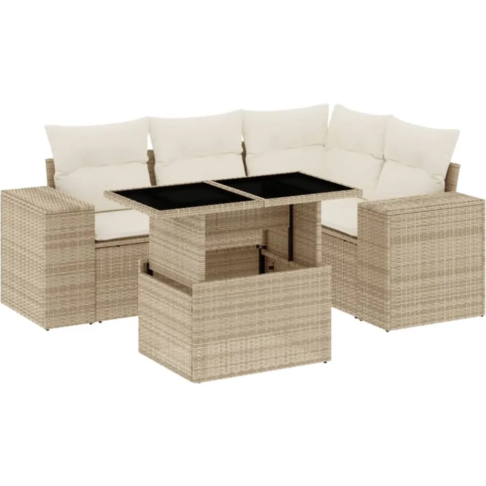 vidaXL 5-delige Loungeset met kussens poly rattan beige, foto 3