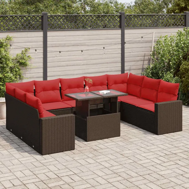 vidaXL 10-delige tuinbankset met kussens, bruin polyrotan en acacia, foto 2