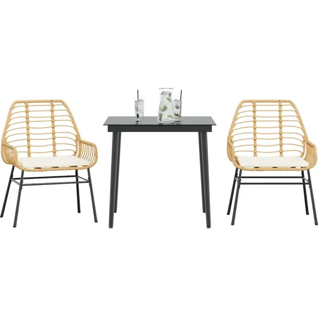 vidaXL 3-delige Tuinset met kussens poly rattan glas bruin