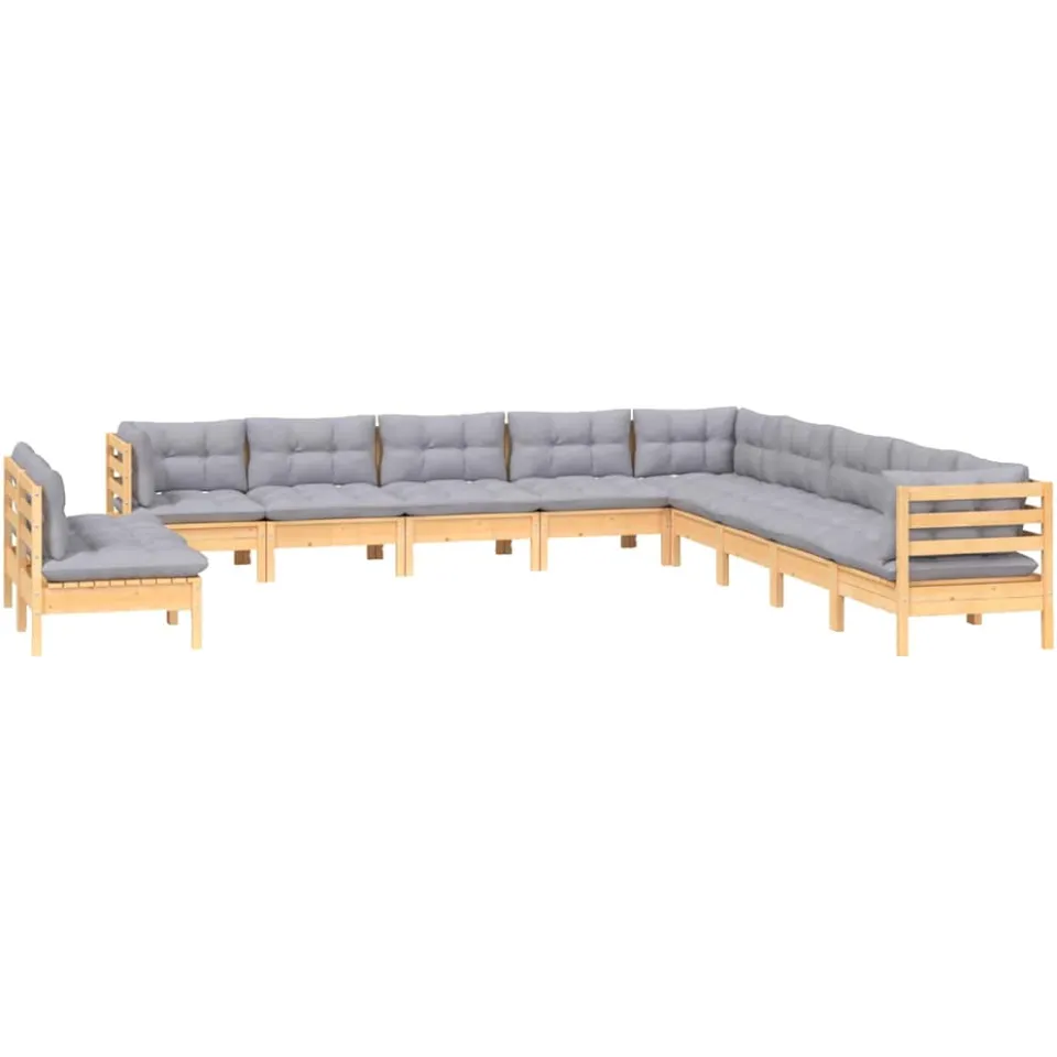 vidaXL 11-delige Loungeset met grijze kussens massief grenenhout Grijs