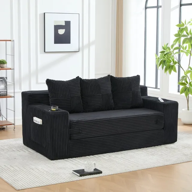 MIVRAY Bank 3-Zits 172 Cm Zwart - Modulair Met Bekerhouders En Zijvakken - Voor Woonkamer En Appartement - Corduroy - Zwart
