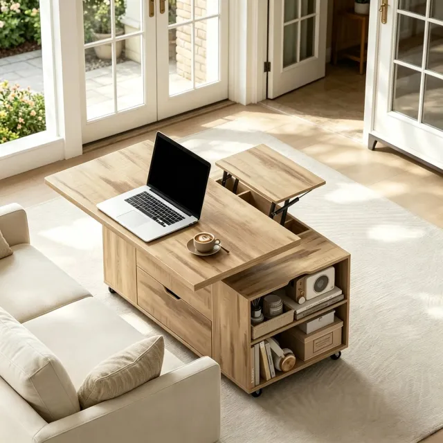DESMIU Salontafel - Verstelbare Blad Met Wielen En Lade - Licht Eiken Voor Woonkamer, Werkkamer En Eetmomenten - Hout En Metaal - 100x50,5x53 Cm Light Oak