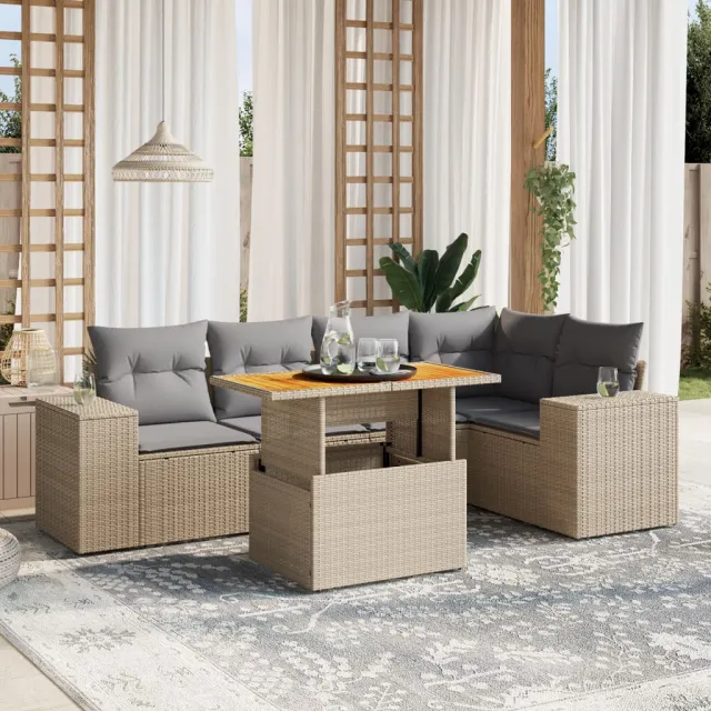 vidaXL 6-delige Loungeset met kussens poly rattan beige, foto 2