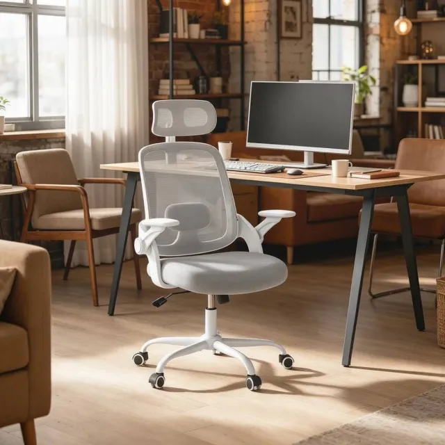 REDOM Bureaustoel - Ergonomisch ontwerp - Hoge mesh rugleuning - Verstelbare hoofdsteun en armleuningen - Metaal en kunststof - Lichtgrijs - 63,5 x 47 x 109,5-117,5 cm