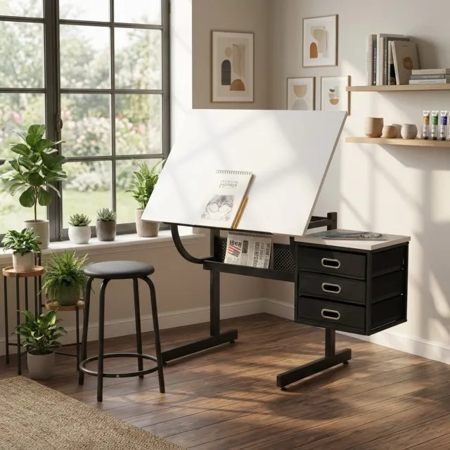 VVBV Verstelbare Tekentafel 115x60x76.2 cm – Tekentafel met Werkblad met Lades en Verstelbaar – MDF – Wit