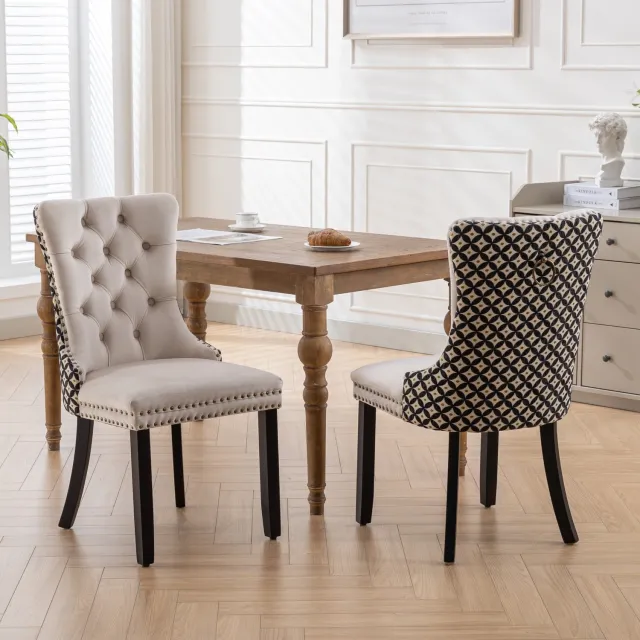 Clruro Eetkamerstoelen - Set van 2 - Knopen en Siernagels - met Sierring - Fluweel/Massief Hout Zwart