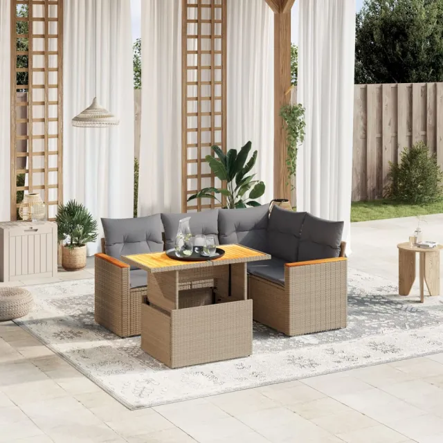 vidaXL 5-delige Loungeset met kussens poly rattan beige, foto 2