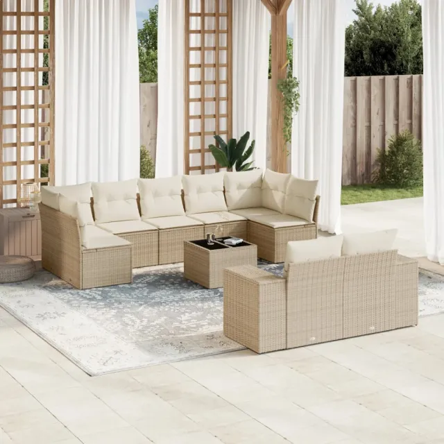 vidaXL 10-delige Loungeset met kussens poly rattan beige