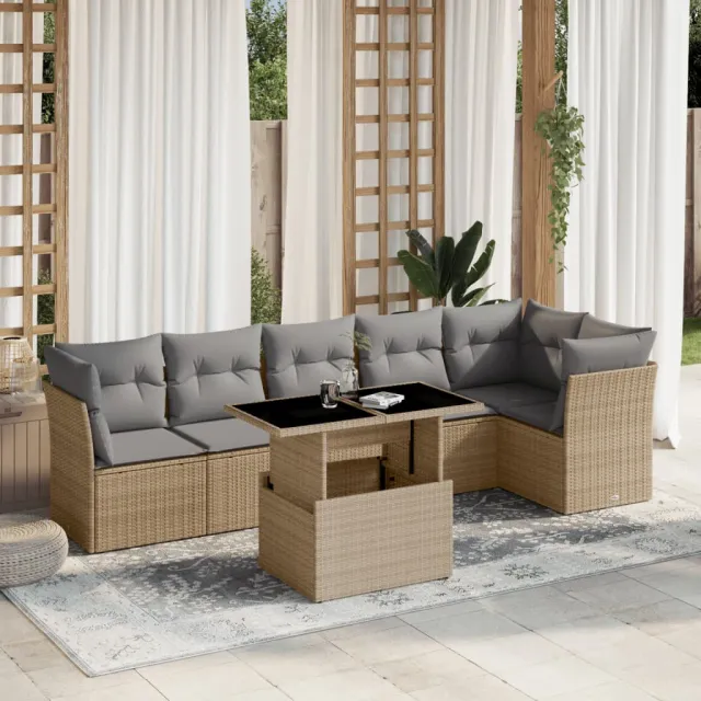vidaXL 7-delige Loungeset met kussens poly rattan beige, foto 2