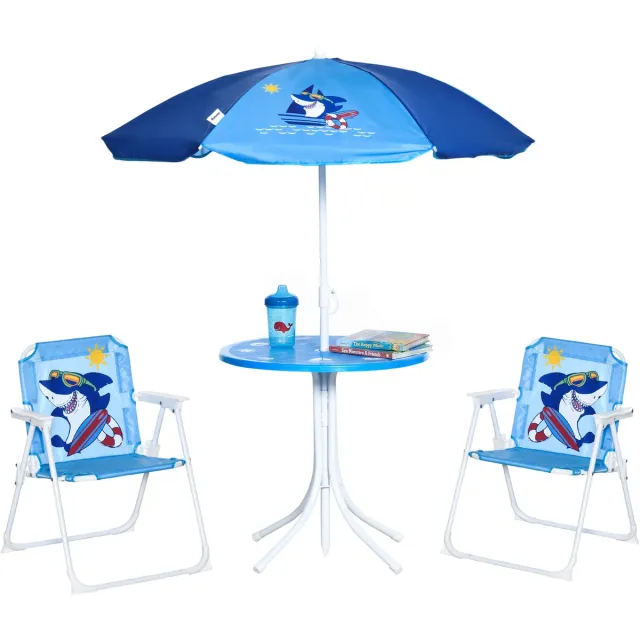 Outsunny Kinderzitgroep 4-Delig met Parasol en Opvouwbare Stoelen - Kindertafel - Tuinset - Picknicktafel - Blauw