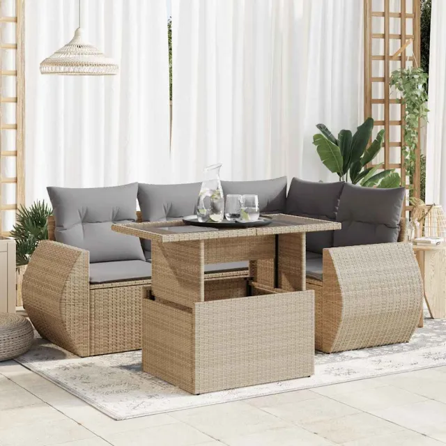 vidaXL 5-delige Loungeset met kussens poly rattan beige, foto 2