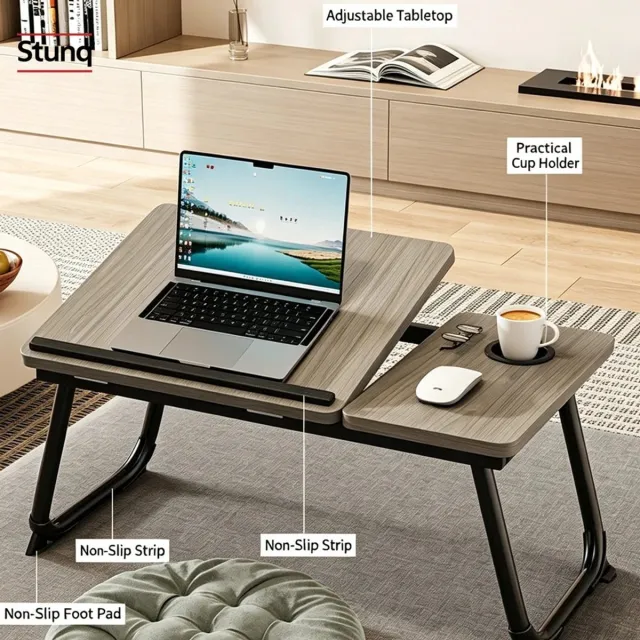 Stunq Opklapbare Bedtafel met Bekerhouder – Verstelbaar Blad in Houtnerf Beige
