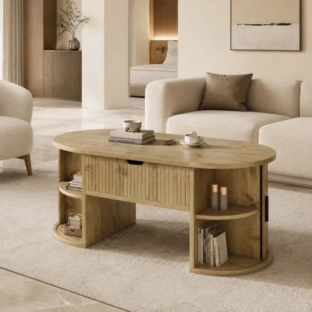 CHICFURN Salontafel - Hoogteverstelbaar - Ovaal - Oak Eiken