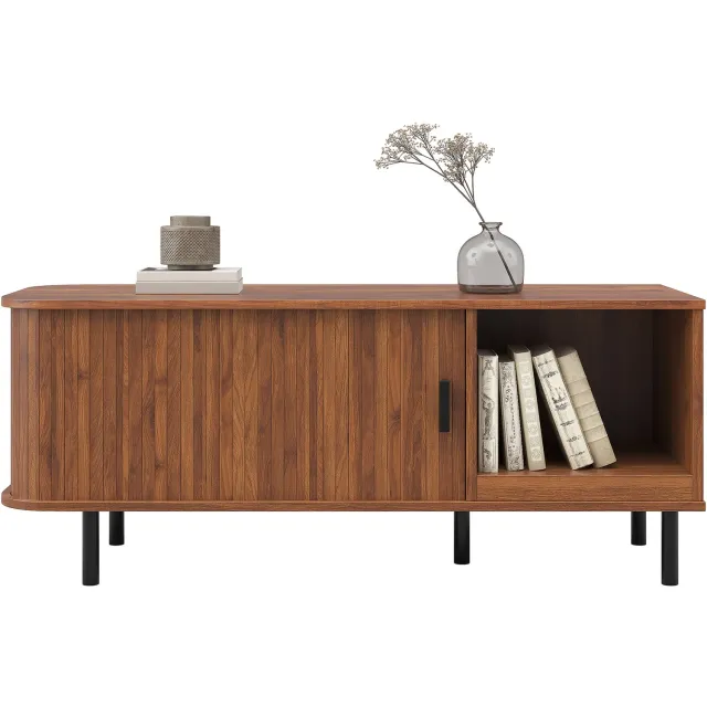Clruro Salontafel - 110×40×55 cm - Schuifdeur - Open Vak - MDF/Spaanplaat - Walnoot
