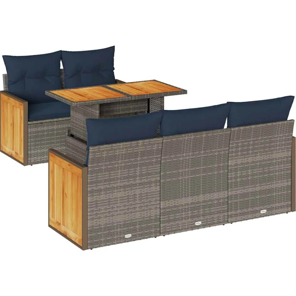 vidaXL 6-delige Loungeset met kussens poly rattan acacia grijs, foto 3