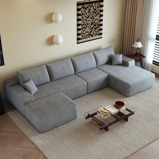 MEUNIQ 340 cm modulaire hoekbank met L-vormige chaiselongue, grijze corduroy bekleding, zonder montage, voor woonkamer Grijs