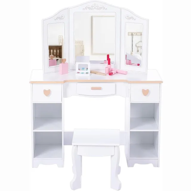 Klarven Kaptafel Kinderen - Kinderkaptafel - Prinsessen Kaptafel - Met Spiegel En Kruk - 3 Laden En 4 Planken - Opbergruimte Voor Kinderkamer wit met perzik blad en roze accenten