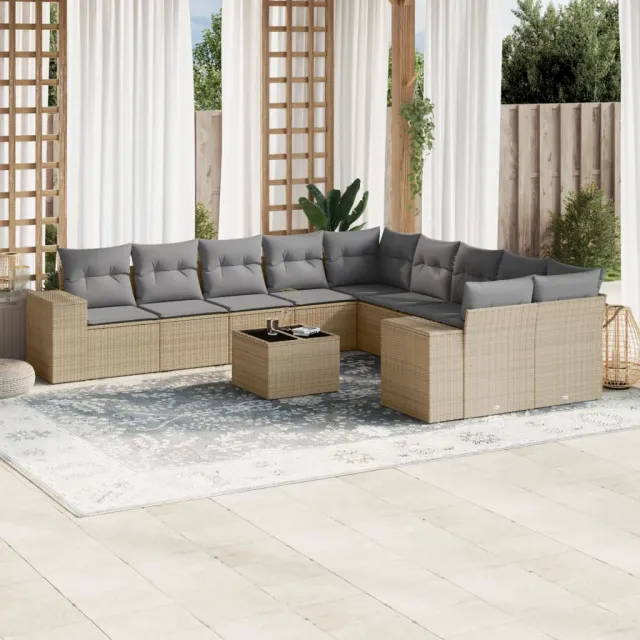 vidaXL 11-delige Tuinset met kussens poly rattan beige, foto 2