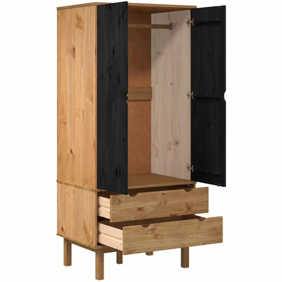 vidaXL Kledingkast OTTA Zwart 76,5 x 53 x 172 cm Massief grenenhout