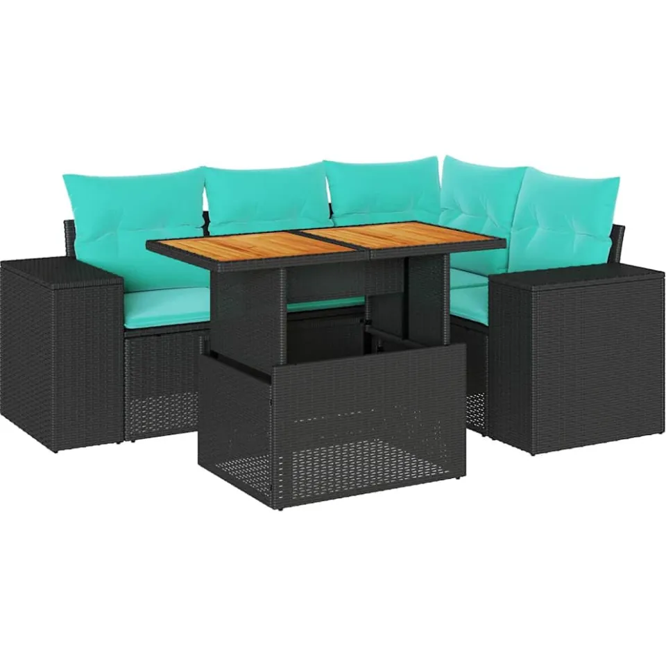 vidaXL 5-delige Loungeset met kussens poly rattan zwart, foto 3
