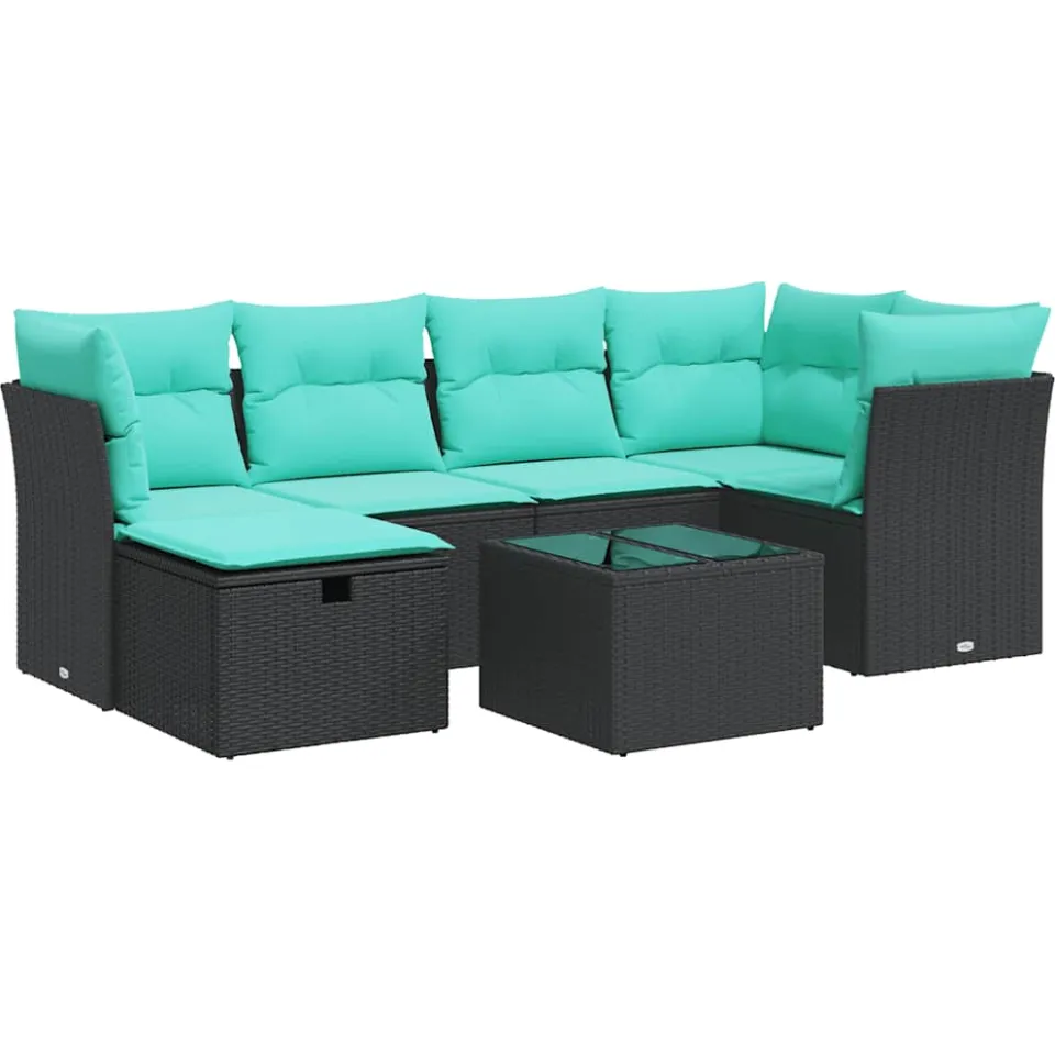 vidaXL 7-delige Loungeset met kussens poly rattan zwart, foto 3