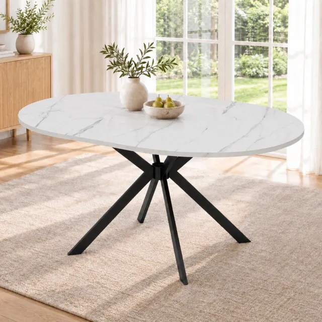 DESMIU Eettafel - Uitschuifbaar van Rond naar Ovaal - Voor 4 tot 6 Personen in Eetkamer en Keuken - MDF en Metaal - Wit - 100x100 tot 140x100 cm