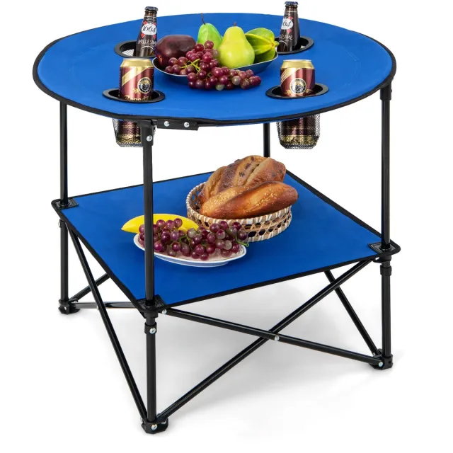 Costway Campingtafel, opvouwbaar, 2 verdiepingen, met bekerhouders en draagtas, lichte picknicktafel, klaptafel, stabiel, vouwtafel voor camping, picknick blauw