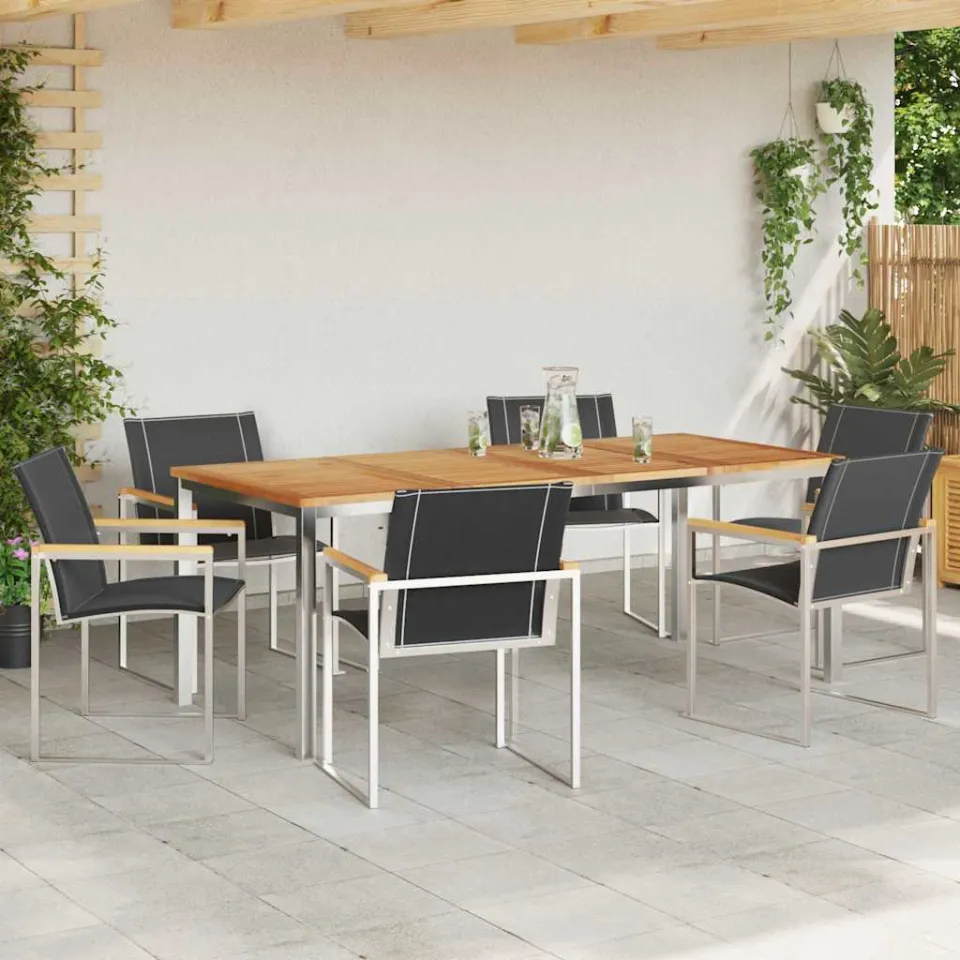 vidaXL Tuin eettafelset 7 st Massief acaciahout en roestvrij staal, foto 3
