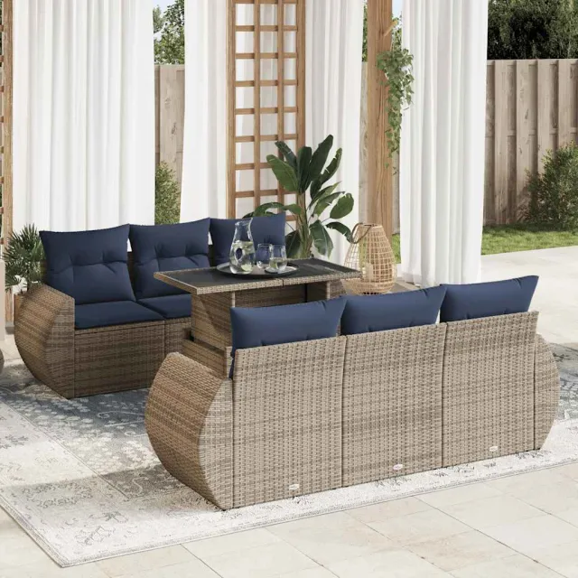vidaXL 7-delige Loungeset met kussens poly rattan acacia grijs, foto 2
