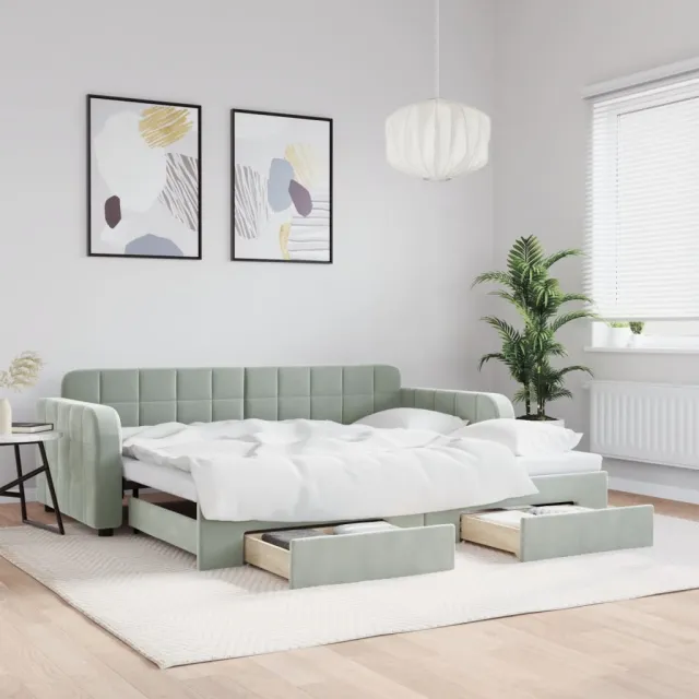 vidaXL Slaapbank onderschuifbed en lades 90x200 cm fluweel lichtgrijs