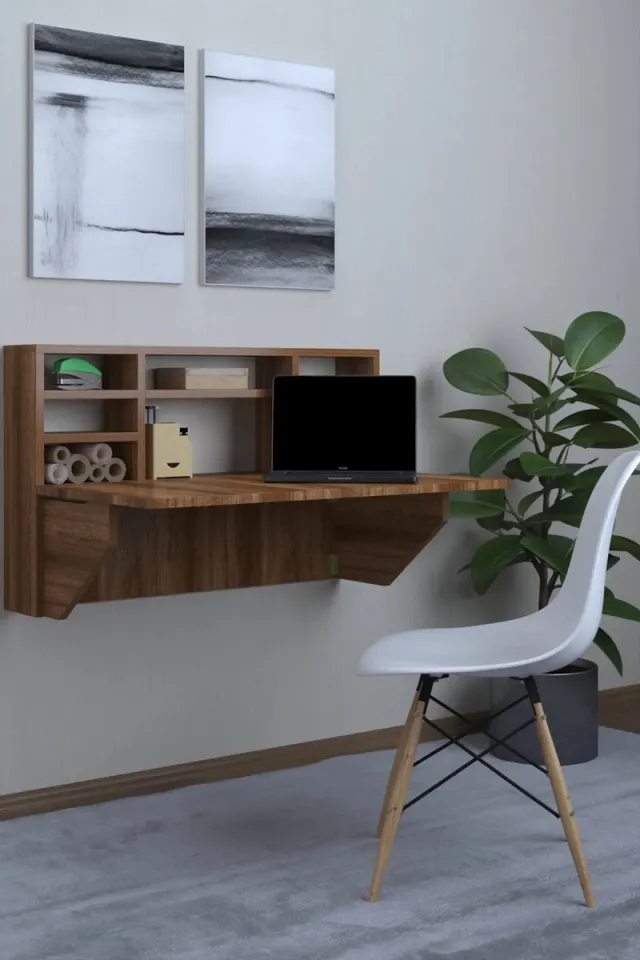 Dekorfim Wandtafel Inklapbare| Ruimtebesparend Klaptafel| Inklapbaar Bureau| Modern en Stijlvol| Draagbare tafel met plank| Handig| Donkere Walnoot| 52x90x15 cm