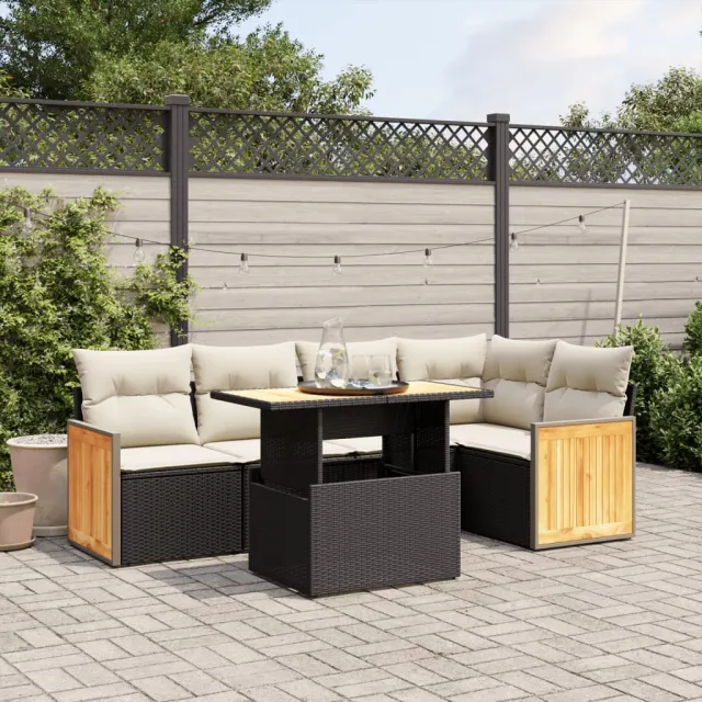 vidaXL 6-delige Loungeset met kussens poly rattan zwart, foto 2