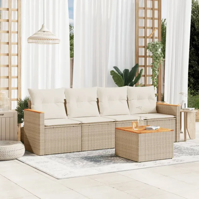 vidaXL 5-delige Loungeset met kussens poly rattan beige, foto 2