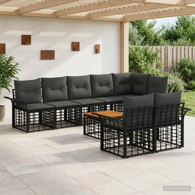 vidaXL Buiten bankenset 9 st 8-zits Zwart en Donkergrijs poly rattan, foto 2