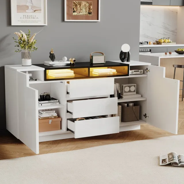 REDOM Hoogglans dressoir 140×40×68 cm – 2 L-deuren, 3 lades, verstelbare vakken en app-LED, wit/zwart