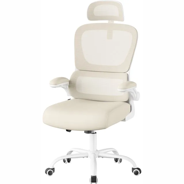 Songmics Ergonomische bureaustoel – Mesh-bekleding – Inklapbare armleuningen – Verstelbare lenden- en hoofdsteun – Beige – 64 x 71,5 x (116-135) cm