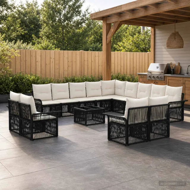 vidaXL Tuinbankenset 14 st Zwart en Cream Wit poly rattan, foto 2