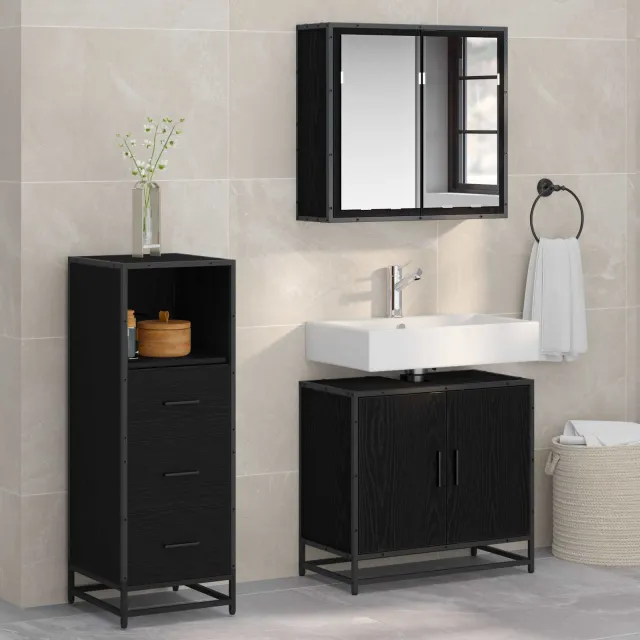 vidaXL Badkamermeubelset 3 st Zwart Eiken 65 x 33 x 60 cm Bewerkt hout, foto 2