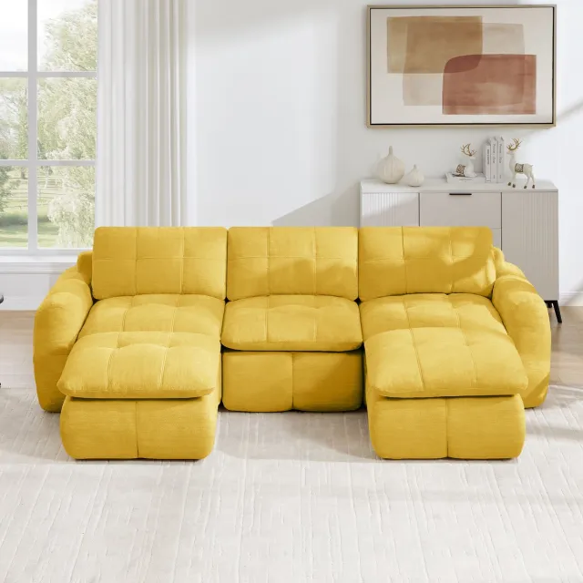 REDOM U-bank - Modulaire 3-zits - Zonder montage - Chenille bekleding - Met 2 ottomanen - Woonkamer en appartement - Geel - 264 x 160 x 68 cm