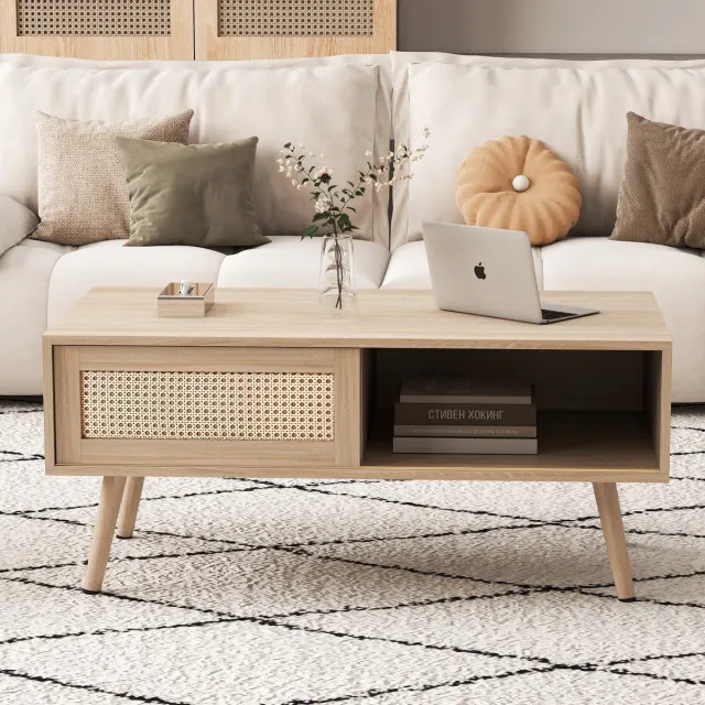 MODFU Salontafel - Rattan Schuifdeur - Minimalistisch - Voor Woonkamer - MDF En Houten Poten - Natuurlijke Houtkleur Natuurlijk hout