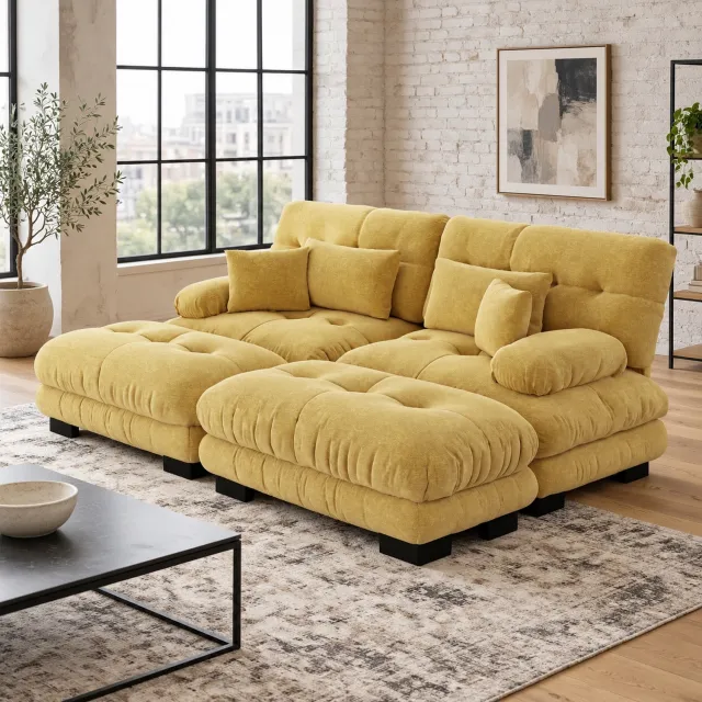 WUVRIE Modulaire hoekbank 220x145 cm - Chenille met 2 ottomans en 4 kussens - Geel