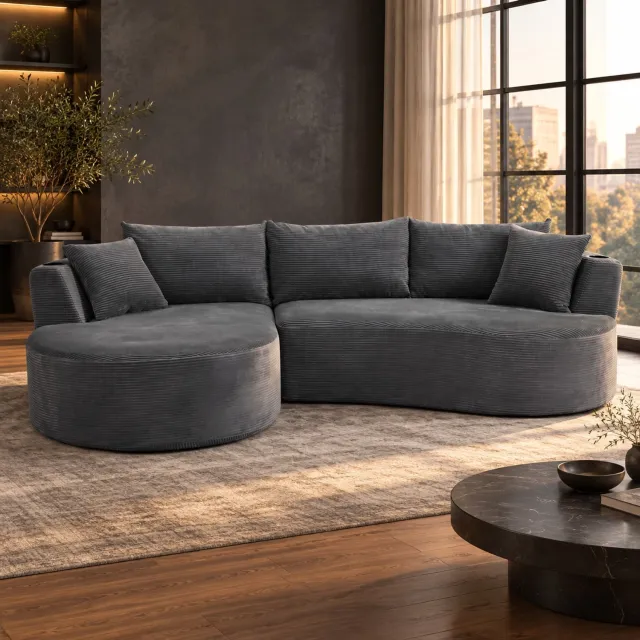 WUVRIE 3-zits hoekbank 264x168 cm - Linker chaise longue met bekerhouders - Grijs