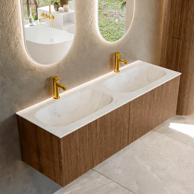 Mondiaz KURVE-DLUX 140 cm Onderkast Greeploos 2 Lades Zonder Deuren Walnut, Wastafel Solid Surface Dubbel Ostra 2 Kraangaten Zonder Spiegel (KRVSTS1402L0D2KD-Wal/Ost)