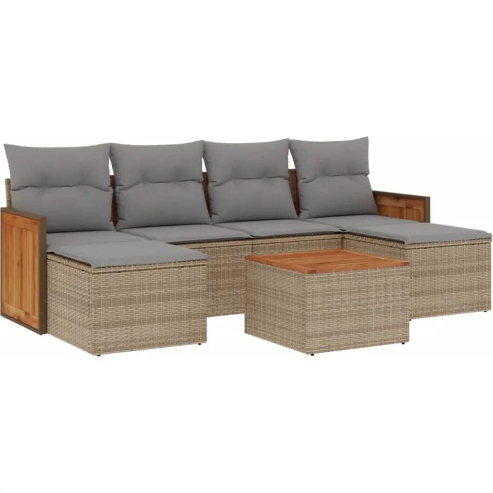vidaXL 7-delige Loungeset met kussens poly rattan beige, foto 3