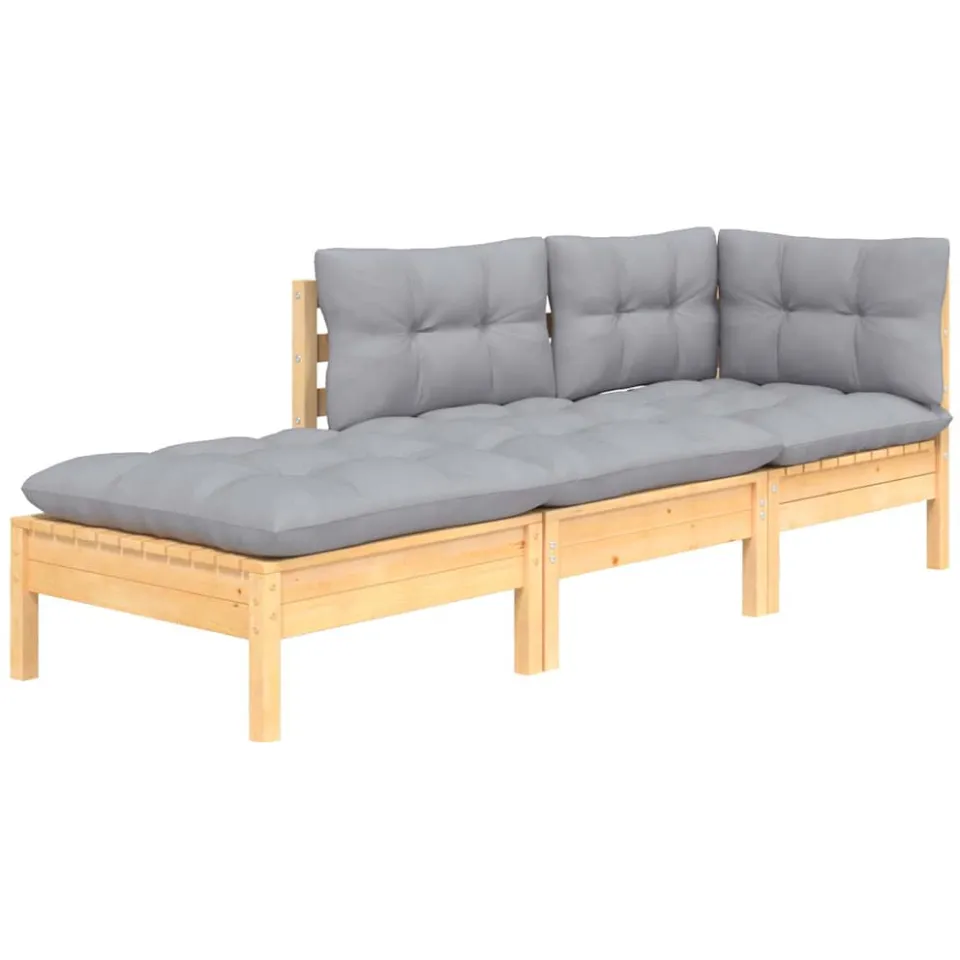 vidaXL 3-delige Loungeset met grijze kussens massief grenenhout grijs