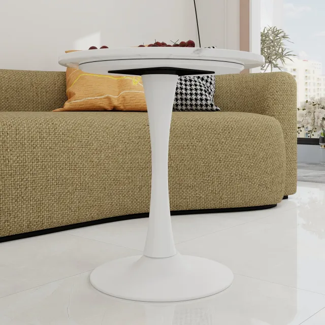 SONNENH Ronde compacte eettafel met kunstmarmeren blad en centrale voet - 70 x 72 cm - Wit