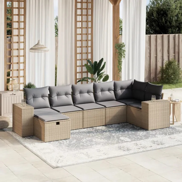 vidaXL 7-delige Loungeset met kussens poly rattan gemengd beige, foto 2