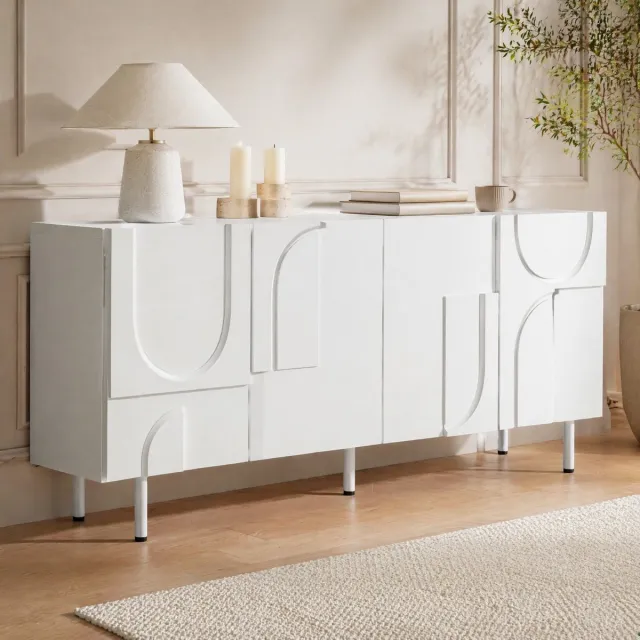 MEUNIQ Dressoir 160 x 38,5 x 70 cm met gesloten opbergruimte, geometrische deuren en metalen poten voor eetkamer, wit