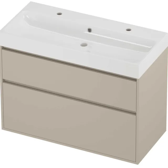 Proline Podium Badmeubelset Polystone Loft 2 Gaten 100x46x75 cm Glans Wit Soft Linen Beige